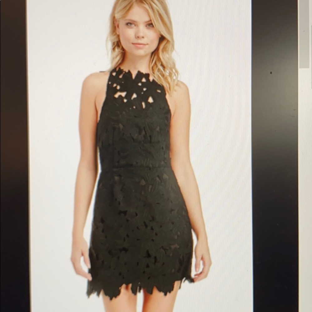 Saylor High Neck Floral Lace Black Mini Dress